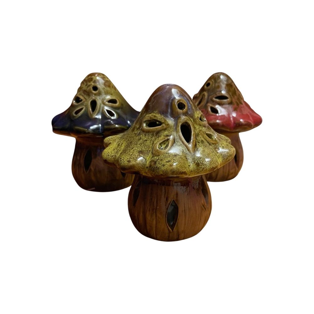 3 Vintage drip glaze ceramic mushrooms toadstools light up whimsical fairycore